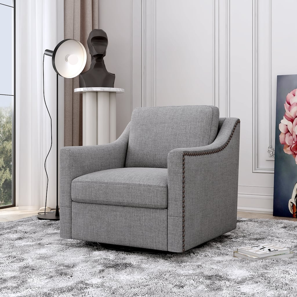 Oversized Swivel Accent Chair, Cotton Linen Fabric Upholstered Armchair, Single Sofa Chair with Brass Nailhead Trim