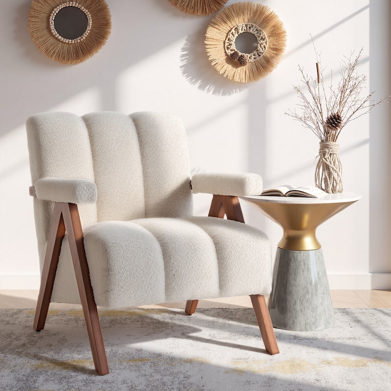 Mid Century Modern Accent Chair, Chenille Armchair with Solid Wood Legs, Channel Tufted Comfy Reading Chair for Living Room - Beige