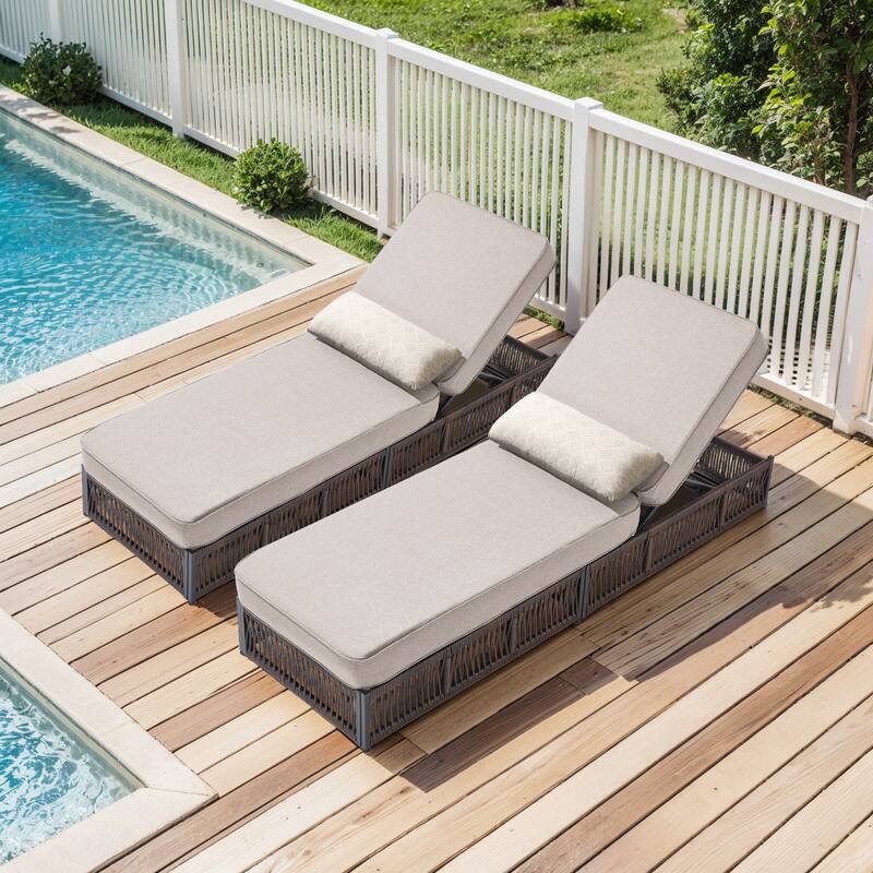 Pocassy Outdoor 5 Inch Lounge Chairs with 5 Adjustable Backrest - 2-Piece Brown Wicker Beige Cushion