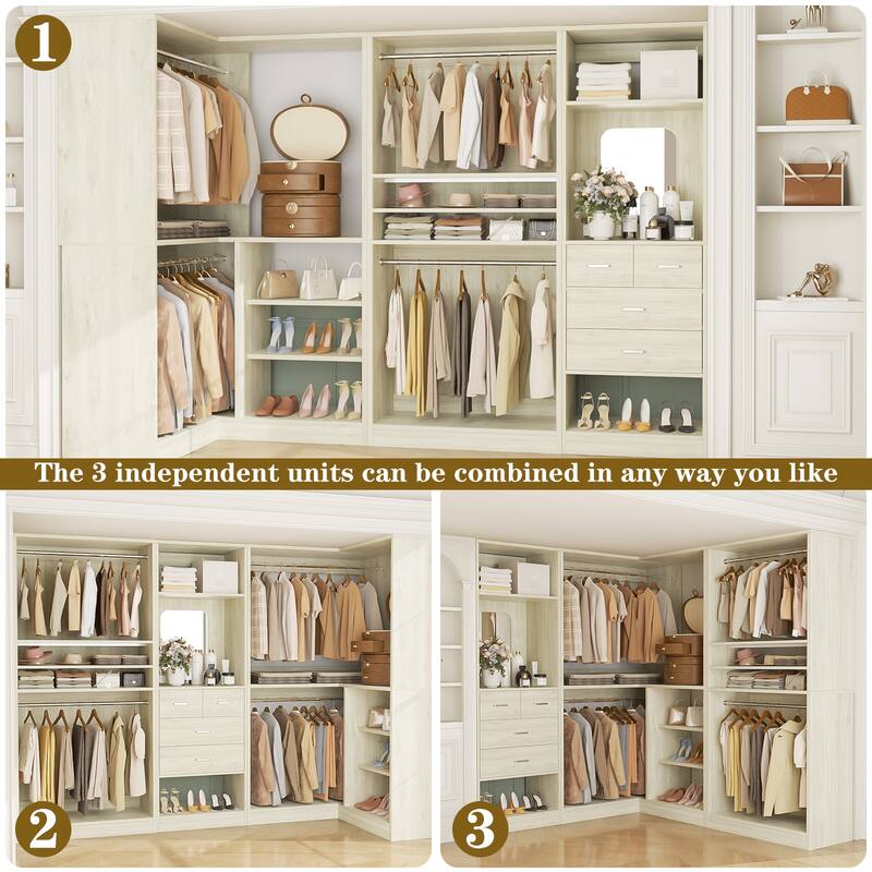 Cimly Set of 3 Corner Closet System with Hanging Rods, Space-saving Closet Organizer with Mirror
