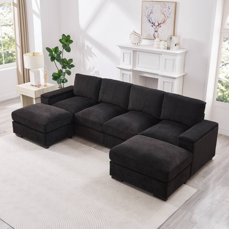 122" Corduroy Sectional Sofa with Two Movable Ottomans - Black