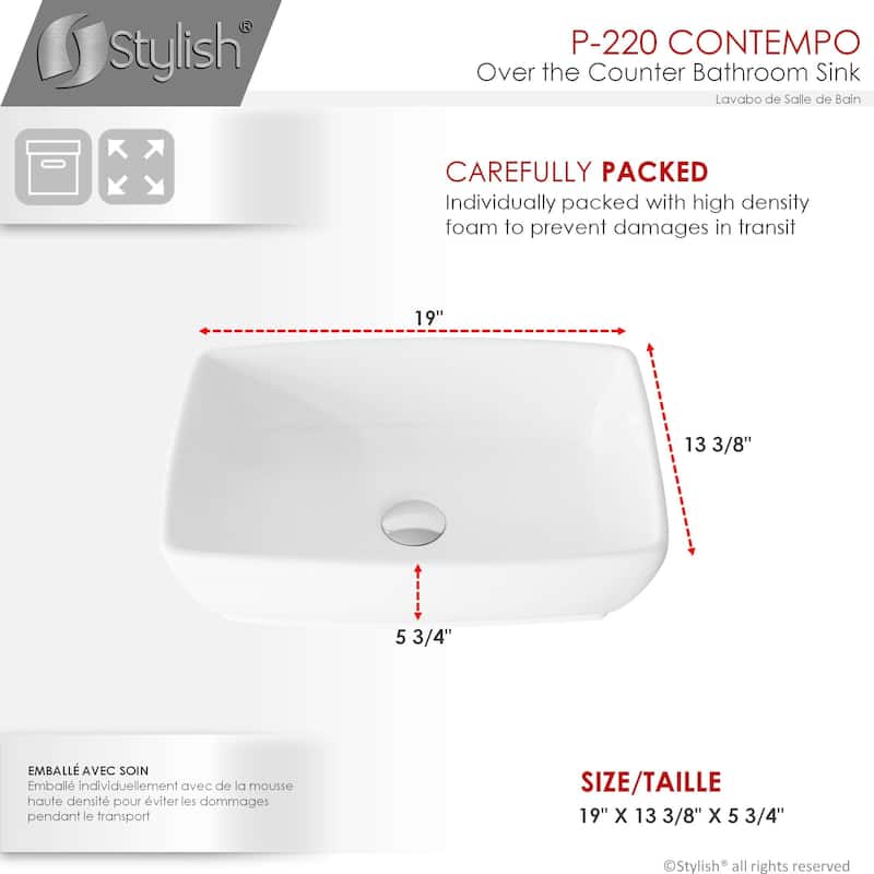 STYLISH 19 inch White Rectangular Porcelain Vessel Bathroom Sink - 19" x 13 3/8" x 5 3/4"