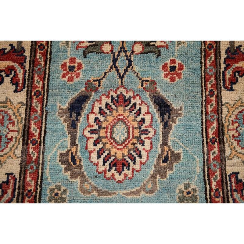 Light Blue Floral Kazak Oriental Runner Rug Hand-Knotted Wool Carpet - 2'1" x 5'11"