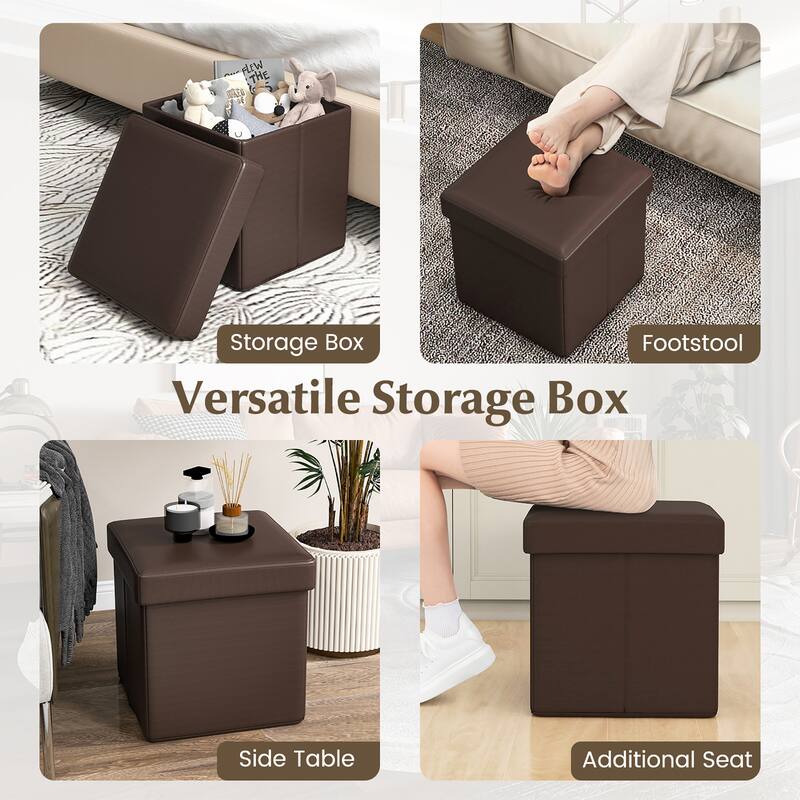Gymax Folding Storage Ottoman Upholstered Square Footstool PVC Leather