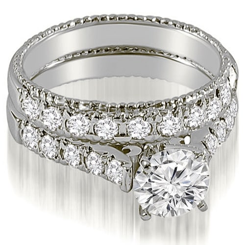 1.50 cttw. 14K White Gold Vintage Cathedral Round Cut Diamond Bridal Set