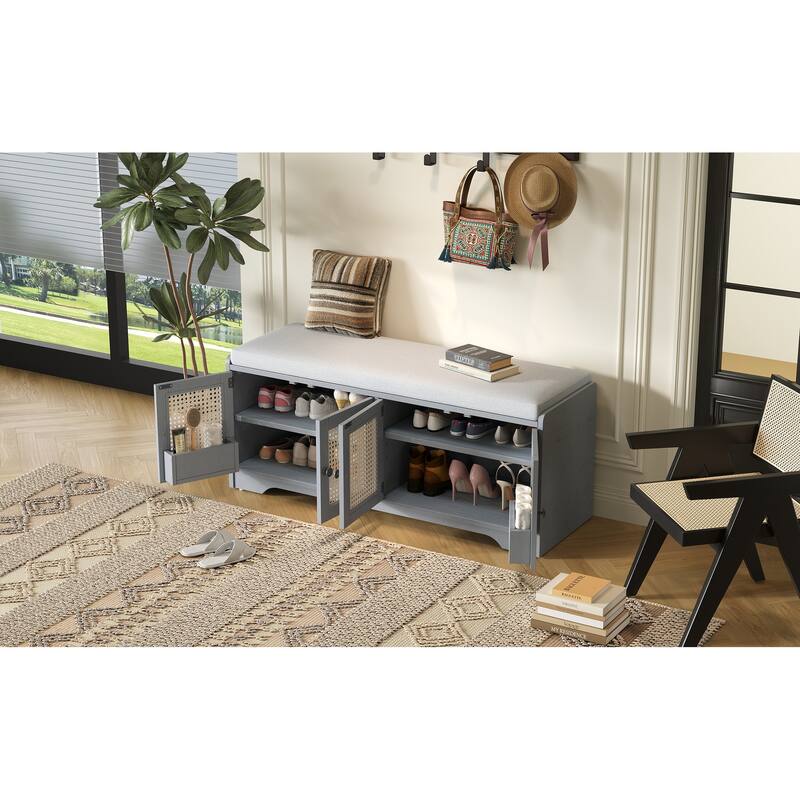 Rustic Entryway Shoe Bench with Removable Cushion