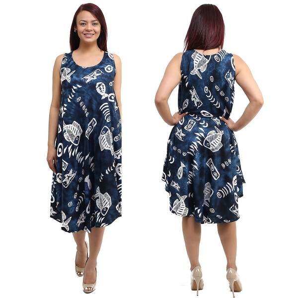 Summer Sleeveless Dress Ocean-inspired Print Summer Sundress, One Size, Blue Fuchsia Navy Orange Violet