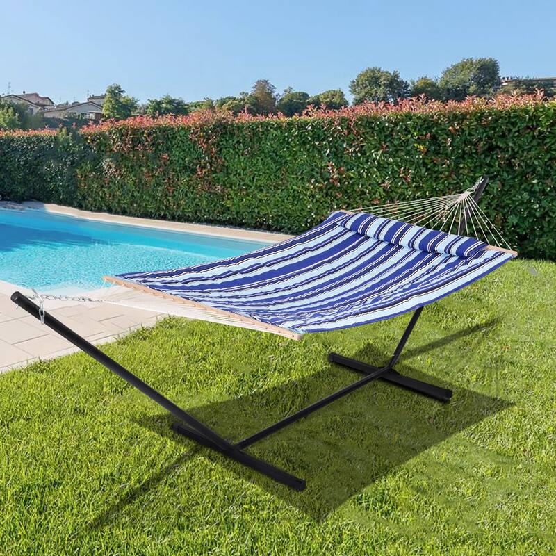 Rope Hammock with Detachable Pillow and Pad, 12FT Steel Stand Included