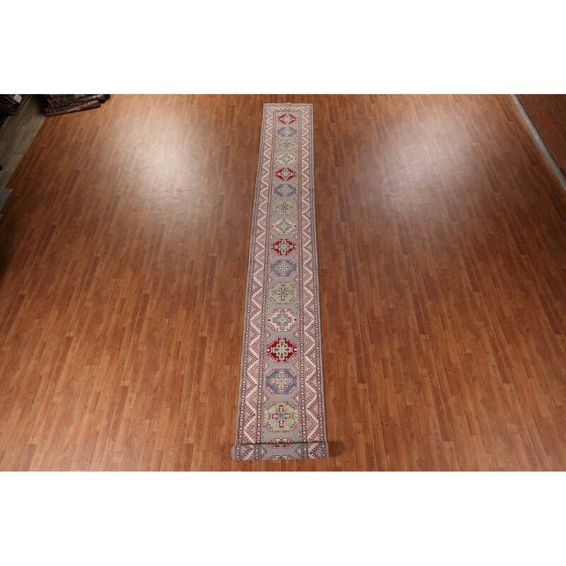 Gray Kazak Oriental Runner Rug Hand-Knotted Hallway Wool Carpet - 2'6" x 20'0"