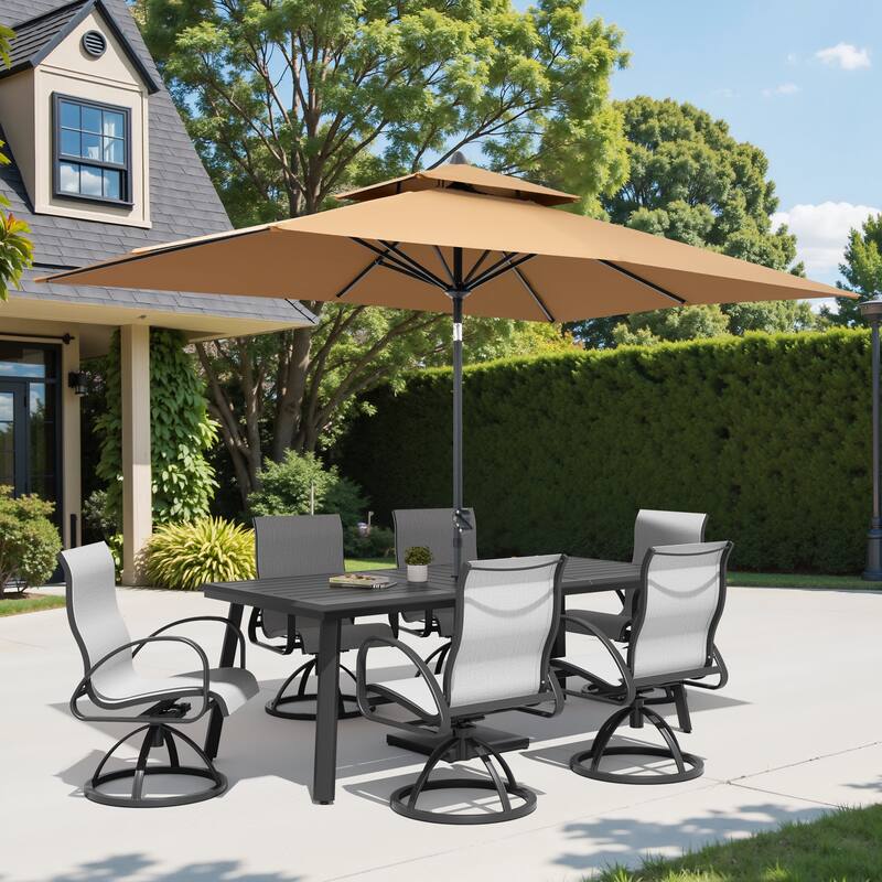 9-Piece Set Outdoor Aluminum Dining Table and Swivel Sunbrella Dining Chairs with Market Umbrella and Base - Augustine Oyster