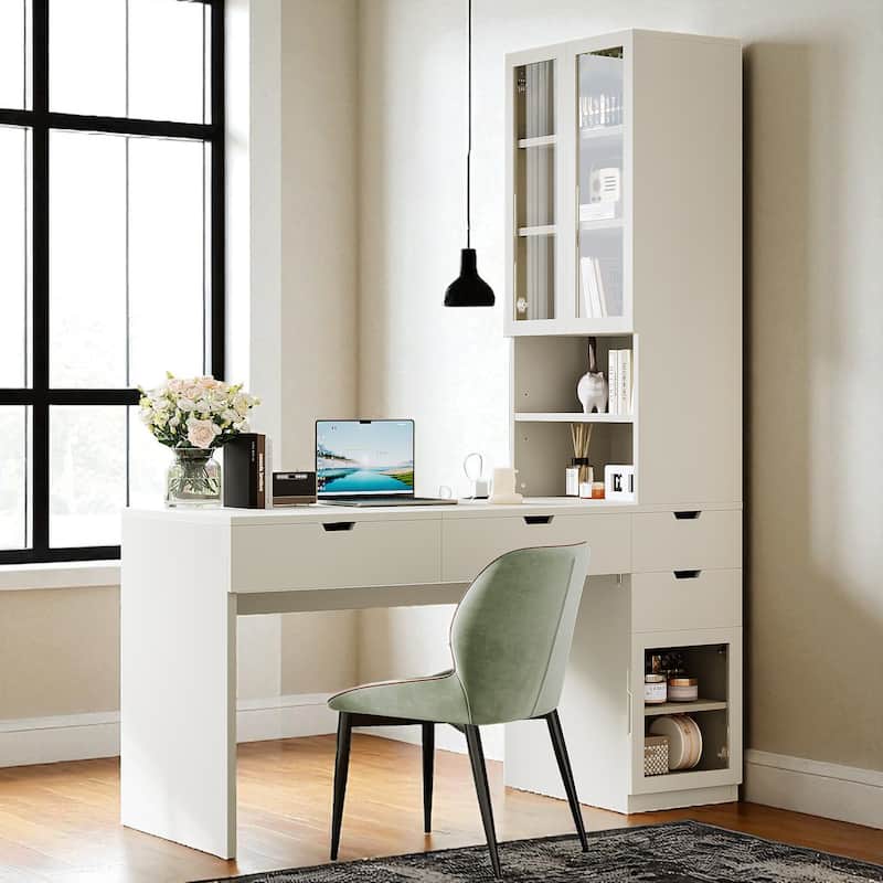 Multifunctional Vanity Desk with Mirror, Charging Ports, Glass Door Cabinets, 8 Hidden Compartments & Storage