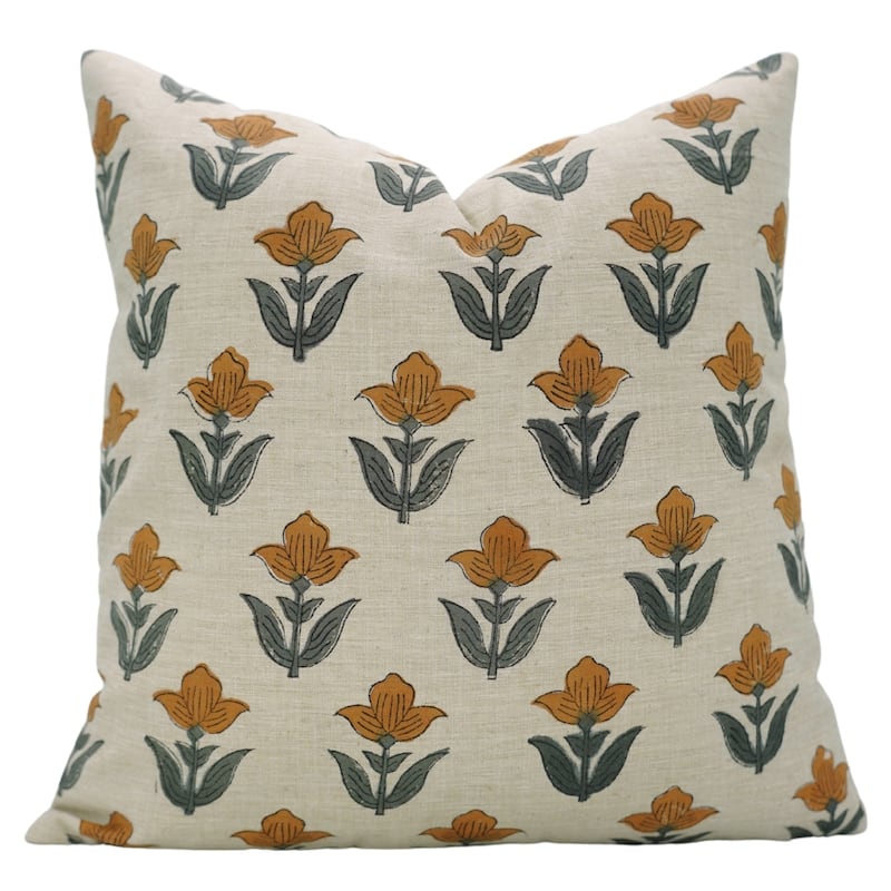 Fabdivine Hand Block Print Floral Pillow Cover Linen Cushion Case for Sofa Guest Room Fall Home Accent Gift, Shehjan - Tulip- Mustard, Grey - 18" x 18" - Pillow Covers