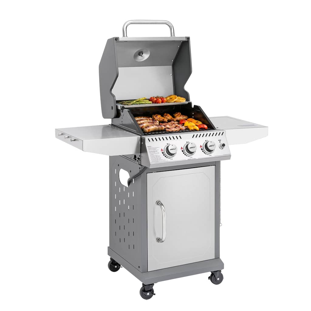 Royal Gourmet Stainless Steel 3-Burner Gas Grill, Cabinet Style Grill with Side Tables, 25,500 BTU