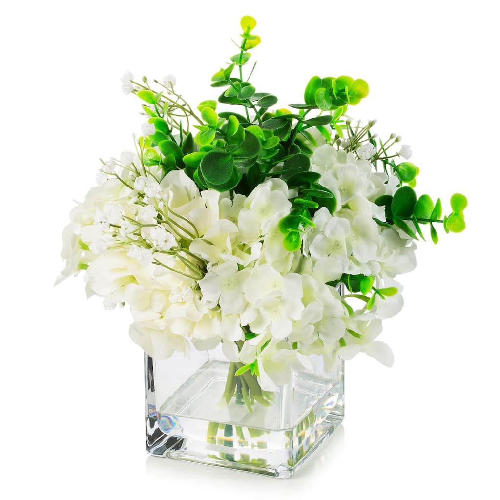 Faux Hydrangea Flowers with Vase, Mixed Fake Hydrangea Flowers and Greenery in Vase with Faux Water for Dining Table Decoration
