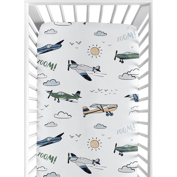 slide 2 of 6, Sweet Jojo Designs Vintage Airplane Boy Fitted Crib Sheet Green Blue Yellow Airplanes Plane Transportation Cloud Sun Sky Aviator