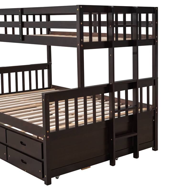 Twin-Over-Full Bunk Bed with Trundle and Drawers, Space-Saving Kids Bedroom Furniture in Espresso