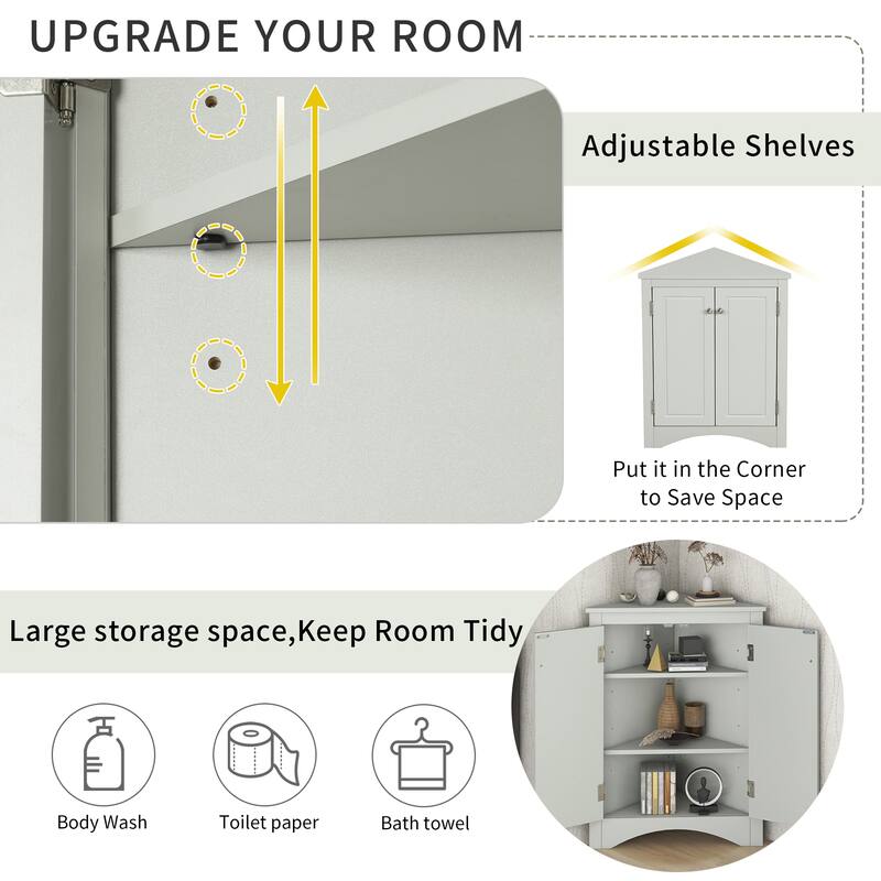 Roomfitters Triangle Corner Bathroom Cabinet, Modern MDF Floor Storage Organizer with Adjustable Shelves & Metal Knobs