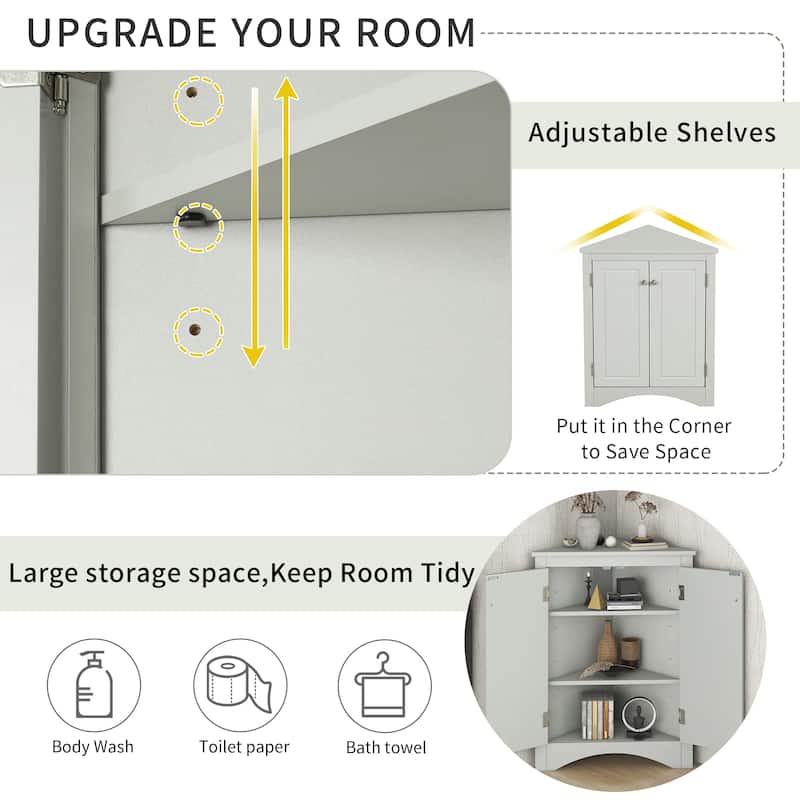 Triangle Bathroom Storage Cabinet with Adjustable Shelves, Freestanding Floor Cabinet Compact Bathroom Towel Cabinet