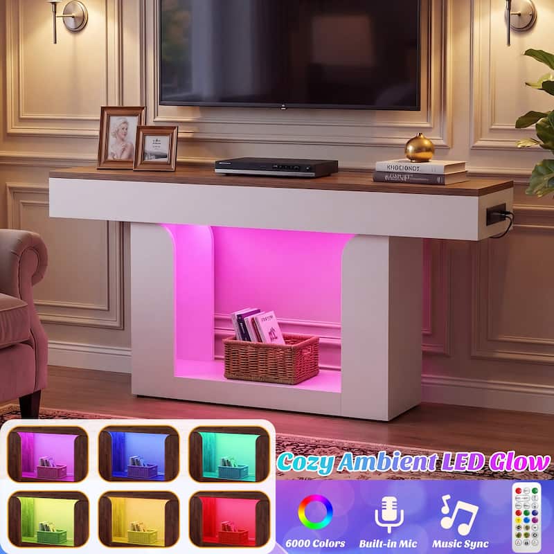 63'' W Farmhouse Console Table with Chaging Station, Thick Sofa/ Entryway Table with Storage Shlef