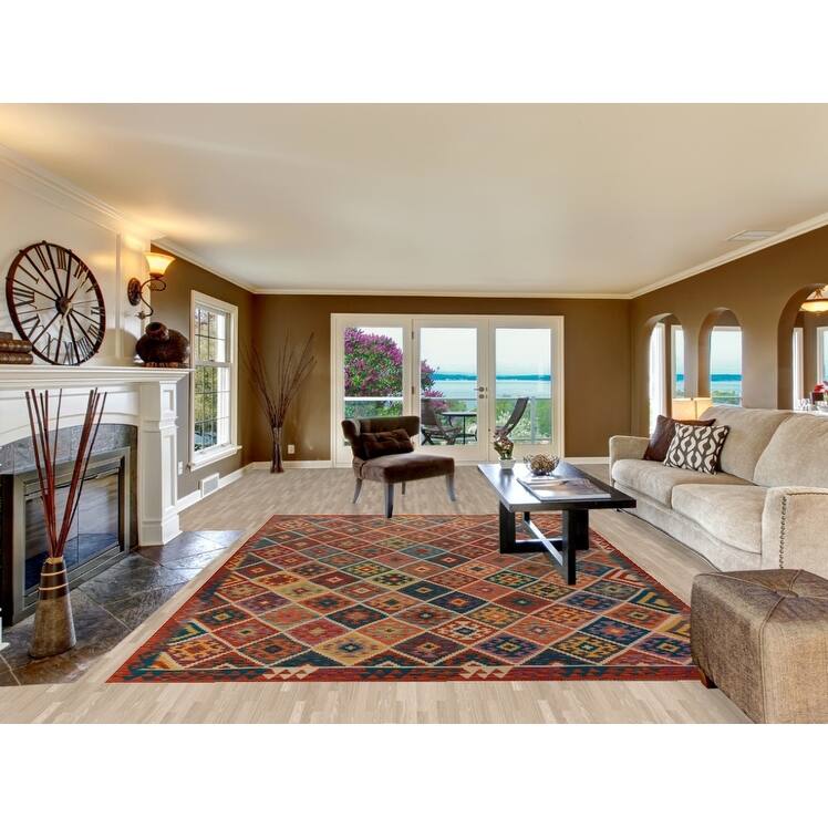 Geometric Kilim Oriental Area Rug Tribal Hand-Woven Wool Carpet - 8'0"x 11'2"