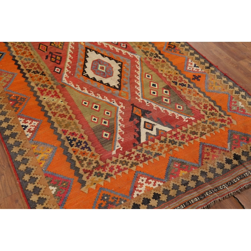 Vegetable Dye Kilim Qashqai Persian Antique Rug Handmade Wool Carpet - 4'9"x 12'1"