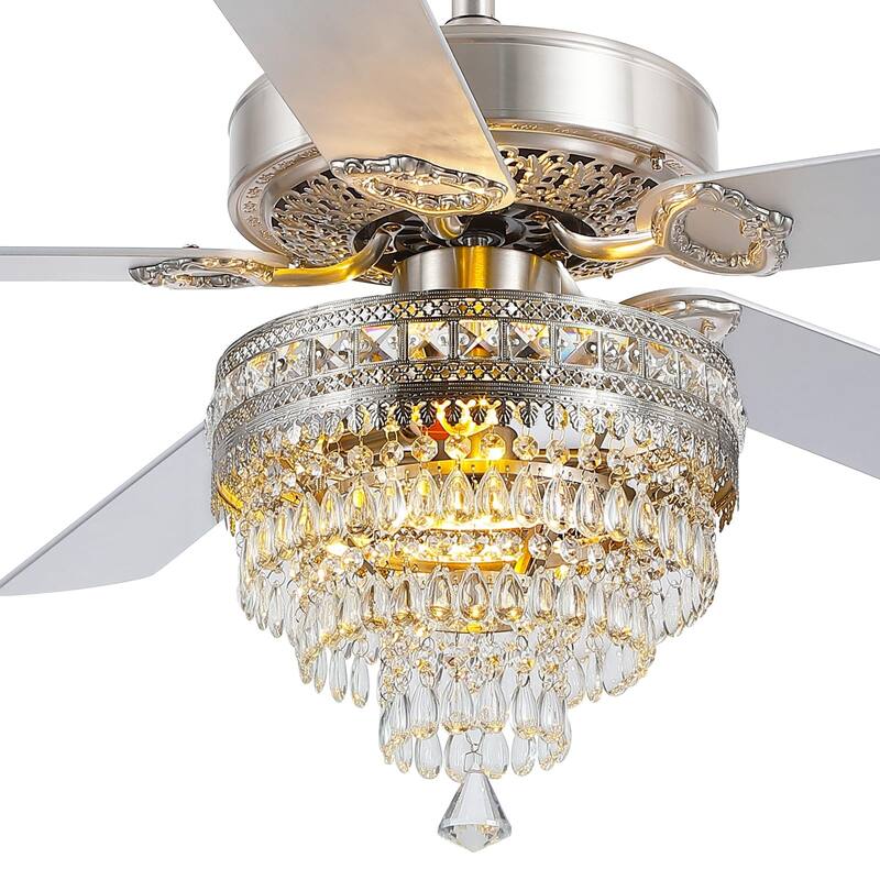 52"/62" Modern Crystal Chandelier Ceiling Fan Light,Reversible Airflow,E12 Bulbs,for Bedroom,Kitchen,Patio - 52 Inches-AC Motor - Nickle