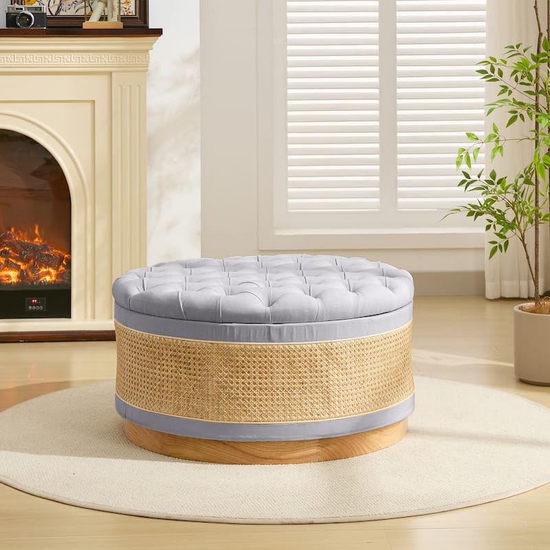 Linen & Rattan Round Storage Ottoman, Button-tufted Upholstery