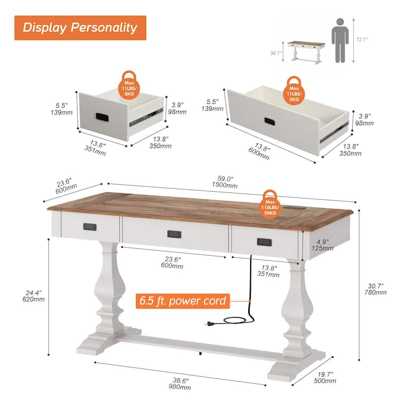 Vintage Rustic Executive Desk with Charging Station Home Office Table