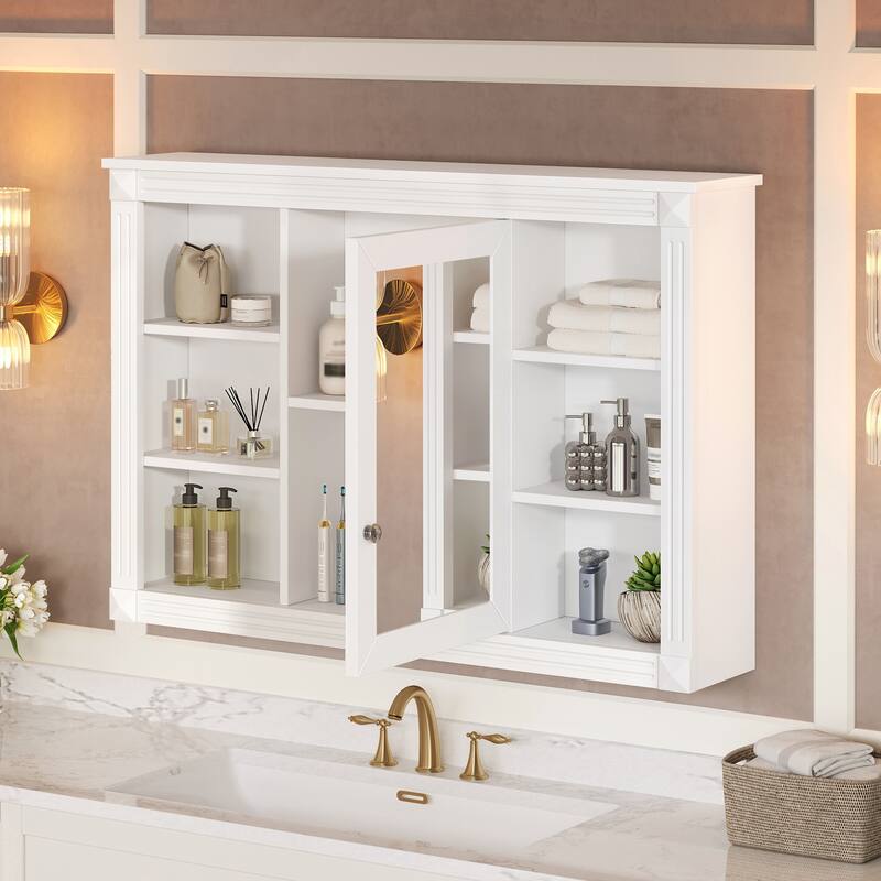 42"Wall Mounted Bathroom Storage Cabinet, Modern Wall Cabinet with Mirror, Mirror Cabinet with 6 Open Shelves