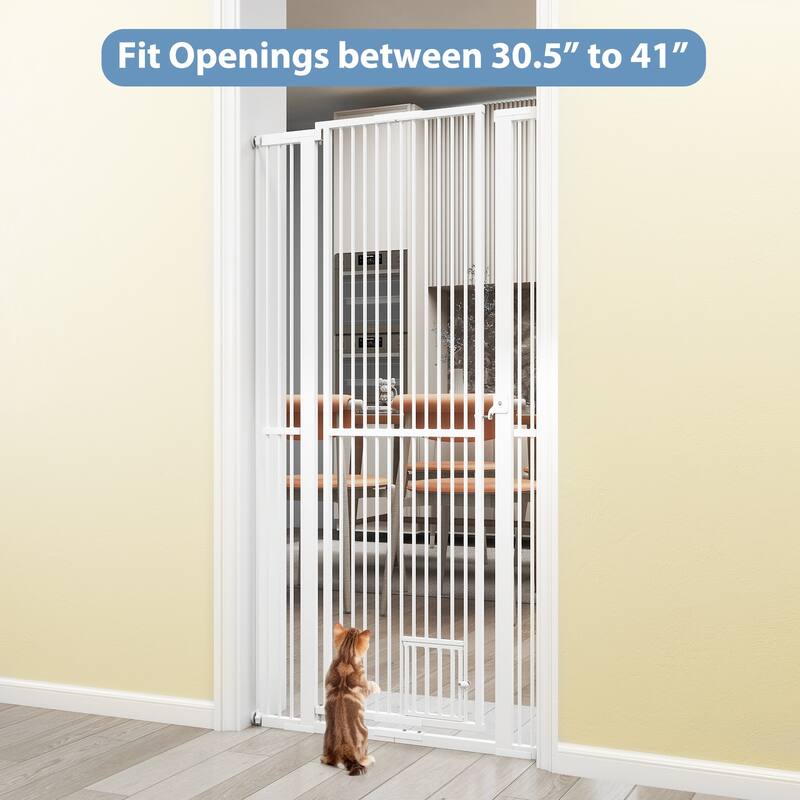 White Galvanized Metal Extra-Tall Adjustable Pet Gate with Safety Lock and Small Door