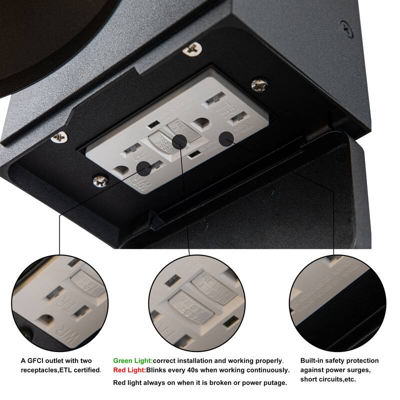 1-Light Matte Black Outdoor Barn Light Built-In GFCI Outlets