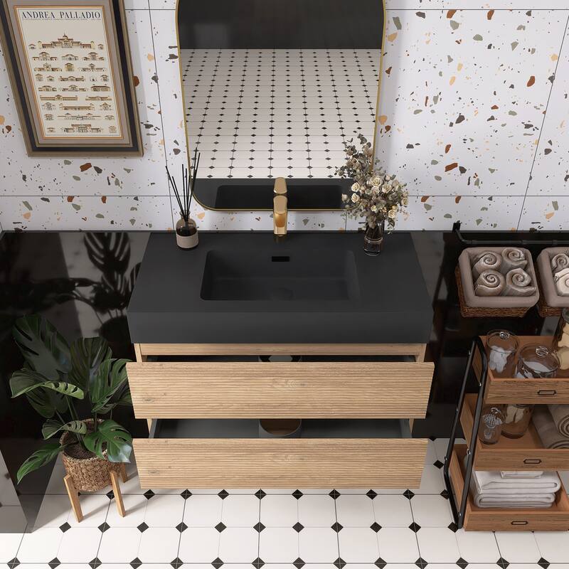 Wall Mounted Bathroom Vanity with Solid Surface Sink and Soft Drawers
