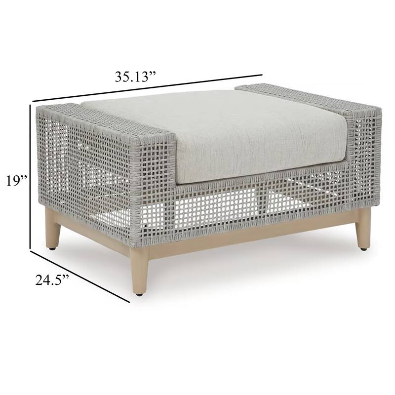 Yami Outdoor Ottoman, 35 Inch, Gray Woven Resin Wicker, Cushioned Seat