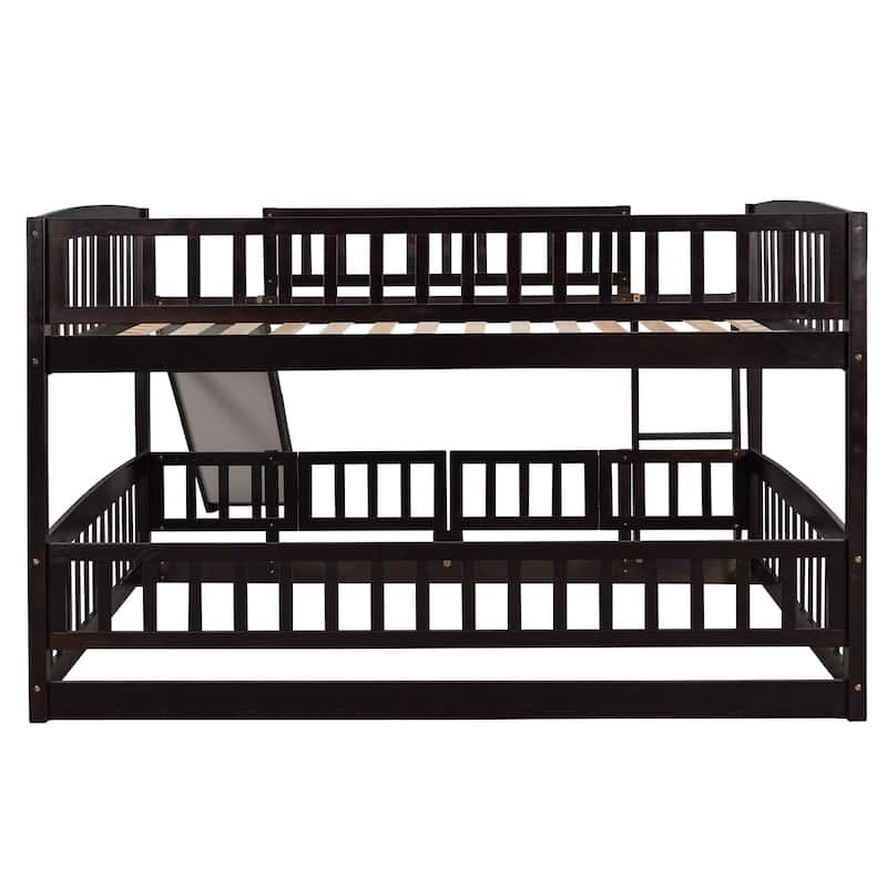 Espresso Pine Wood Bunk Bed with Convertible Slide, Ladder, and Fence Door