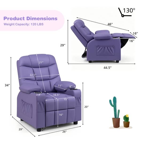dimension image slide 0 of 6, Costway Kids Youth Recliner Chair PU Leather w/Cup Holders & Side