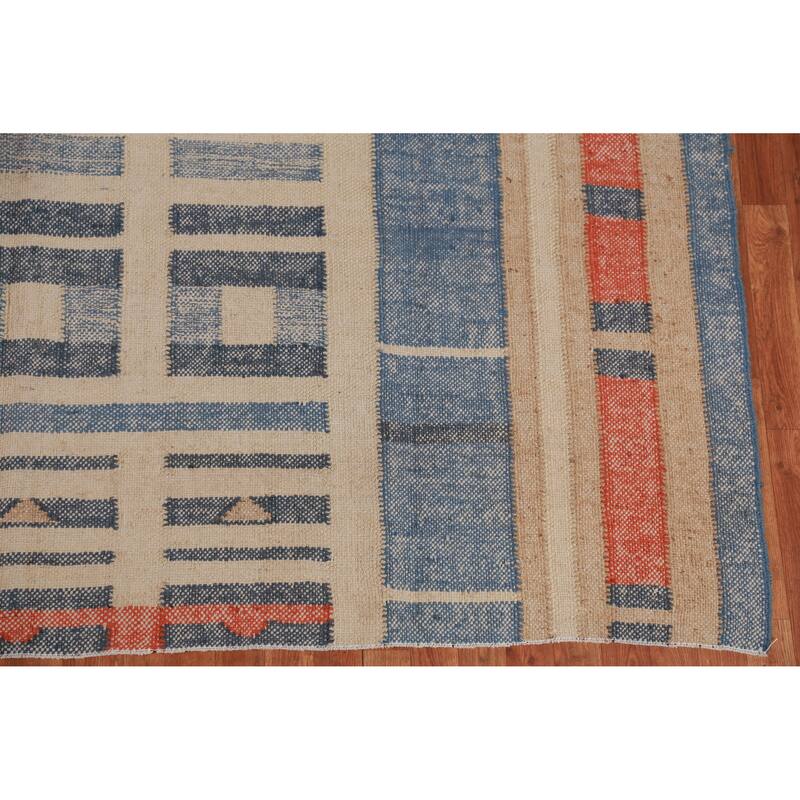 Hand Woven Oriental 100% Jute Carpet Southwestern Modern Navy Blue & Blues Kilim Area Rug - 9' 4'' X 8' 7''