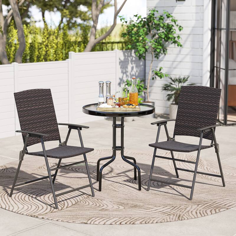 Patio PE Wicker Dining Chairs with Armrests and Metal Frame-Set of 2