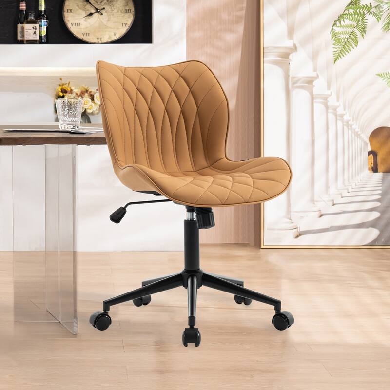 Faux Leather Office Chair with Wheels, Upholstered Task Chair - Camel