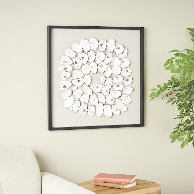 Shell Handmade Abstract Circular Wall Decor with Beige Linen Backing and Black Frame - Cream - Roche River Decor