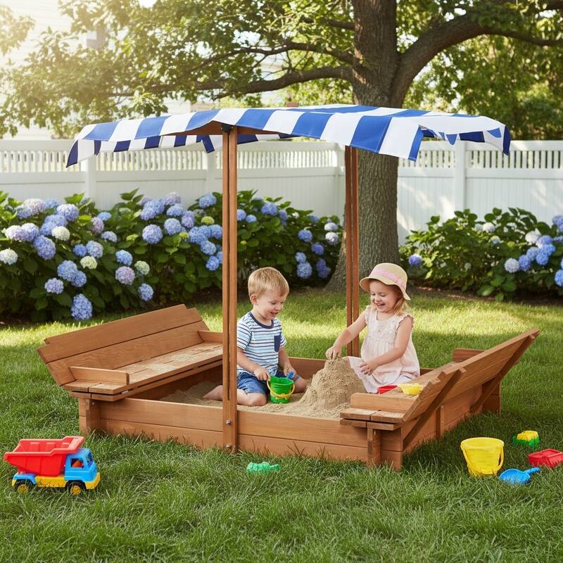 Kids Sandbox with Adjustable Cover, 46" Wooden Sand Box with 2 Foldable Bench Seats, Outdoor Sandpit for Backyard Play