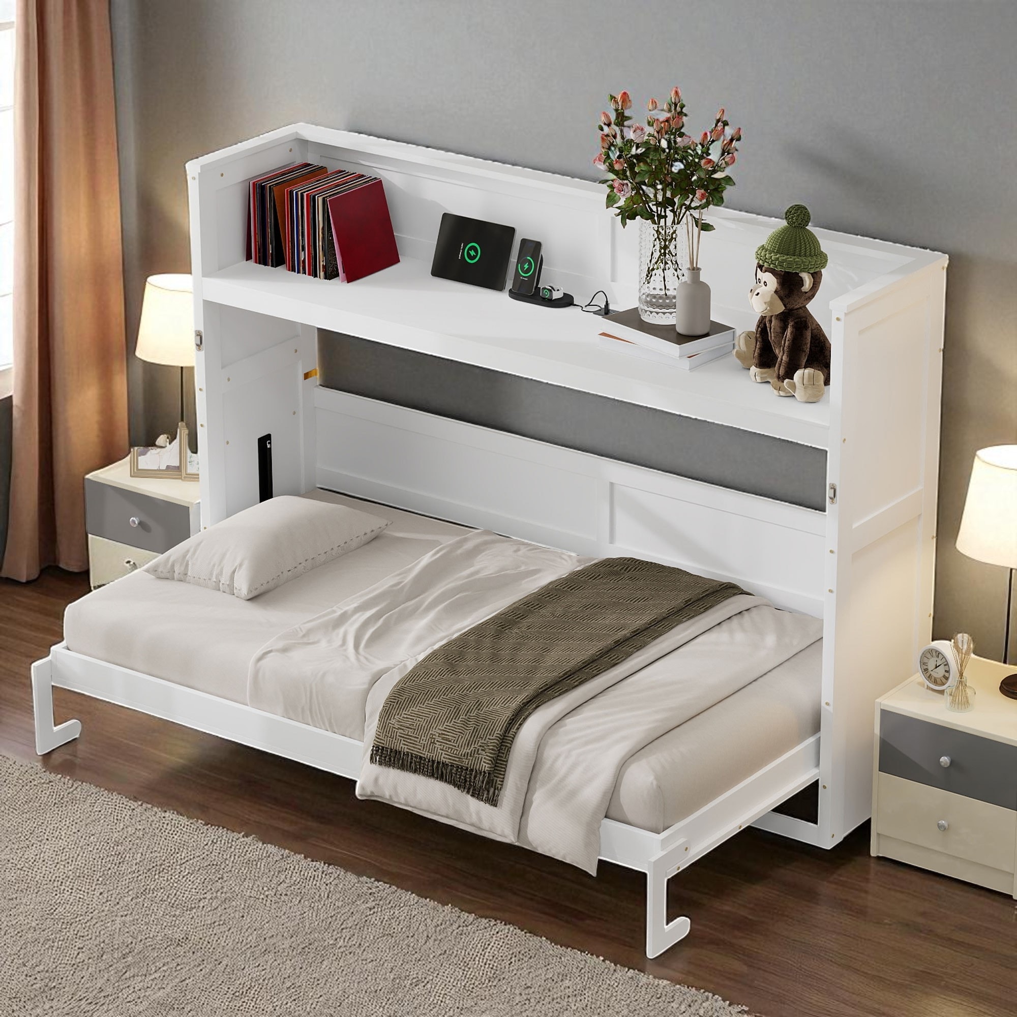 Twin XL Size Murphy Bed with Desk, LED Light, USB Charging Station and Foldable Design