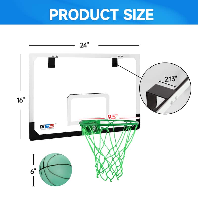 GSE™ 24"x16" Over-The-Door Pro Basketball Hoop with Basketball & Pump, Large Basketball Backboard & Hoop Set