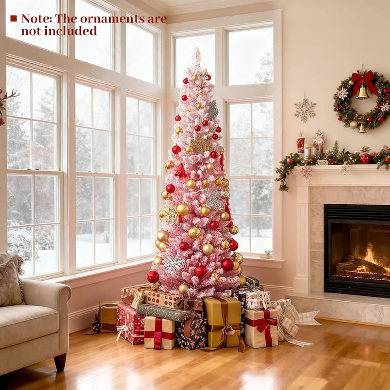 6/7FT Pre-lit Snow-Flocked Pencil Christmas Tree Pink Hinged Xmas Tree