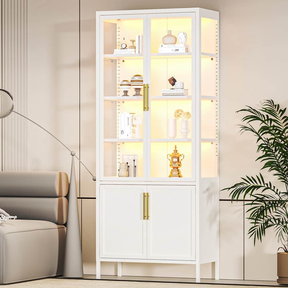 6-Tier Tempered Glass Curio Display Cabinet with 4 Doors, Adjustable Shelves, 13 Color Lights