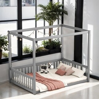 Full Size Canopy Frame Floor Bed with Fence and Guardrails, Grey