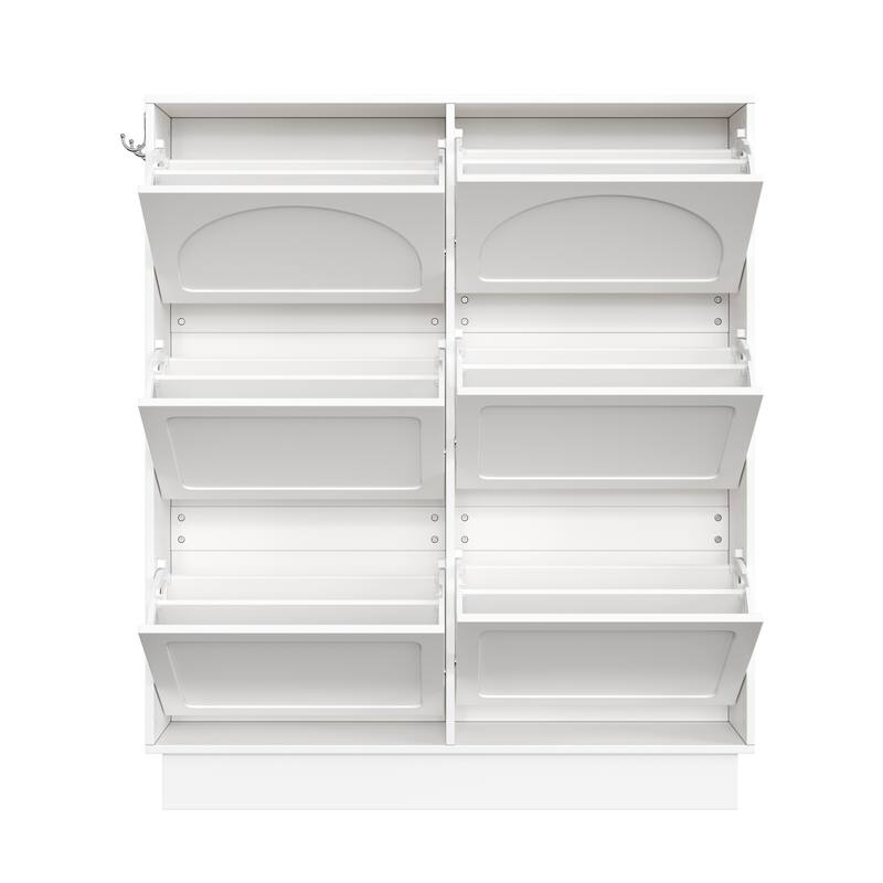 Narrow Tipping Bucket Shoe Cabinet With 6 Flip Drawers,Adjustable Shelf,Free-Standing Shoe Rack With 3 Silvery Hooks, Black