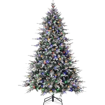 6FT Frosted Christmas Tree, Flocked Christmas Tree with Pine Cones, 240 Warm White Lights-8 Modes