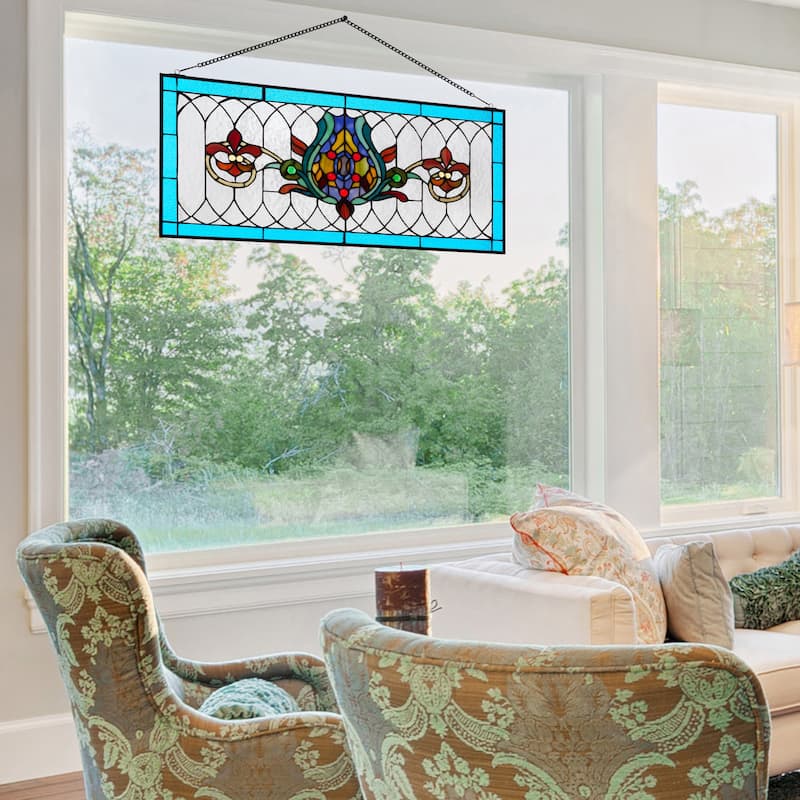 River of Goods Fleur De Lis Stained Glass Pub Window Panel - 30"L x 0.25"W x 14"H