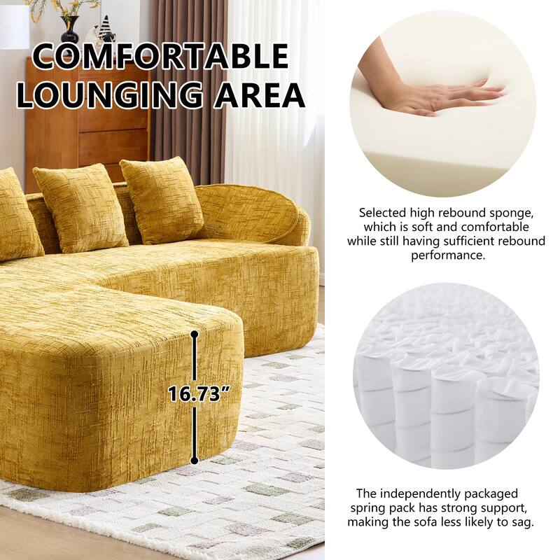 Chenille L-Shaped Compressed Sofa, 4-Seat Sectional Couch with Curved Armrests, High-Elastic Sponge & 4 Throw Pillows