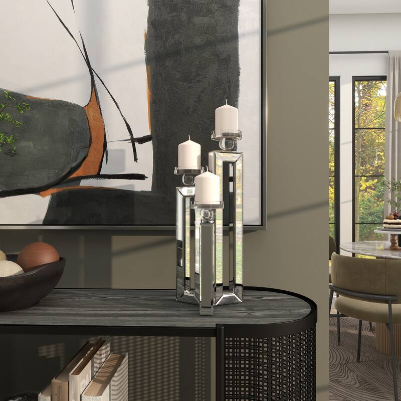 Glass Pillar 3 Plate Candelabra with Mirrored Accents - Silver - Roche River Decor - 7"W x 7"L x 21"H